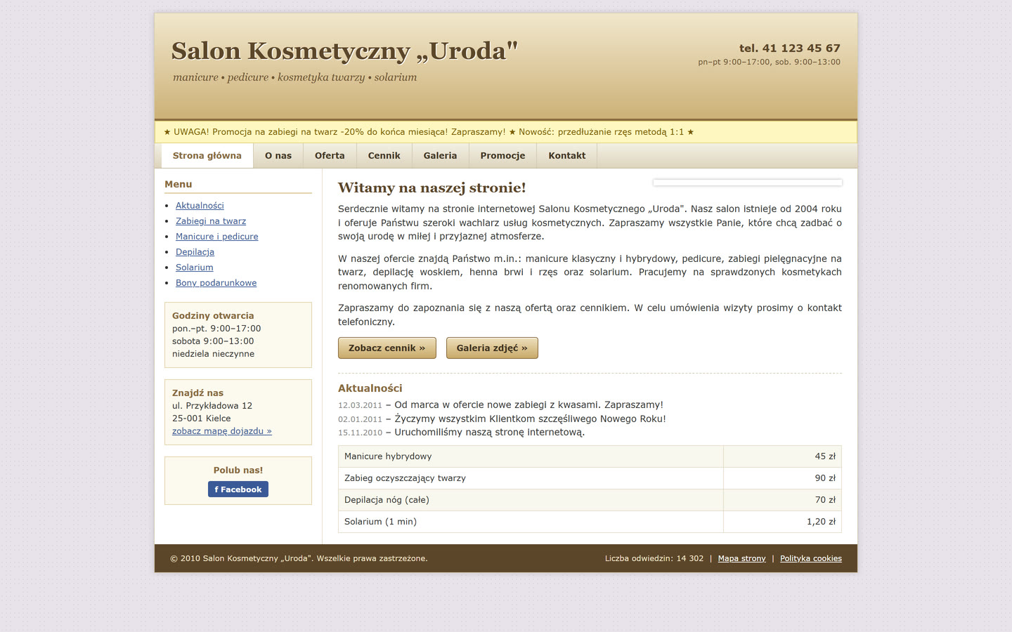 Przykład przestarzałej strony salonu kosmetycznego