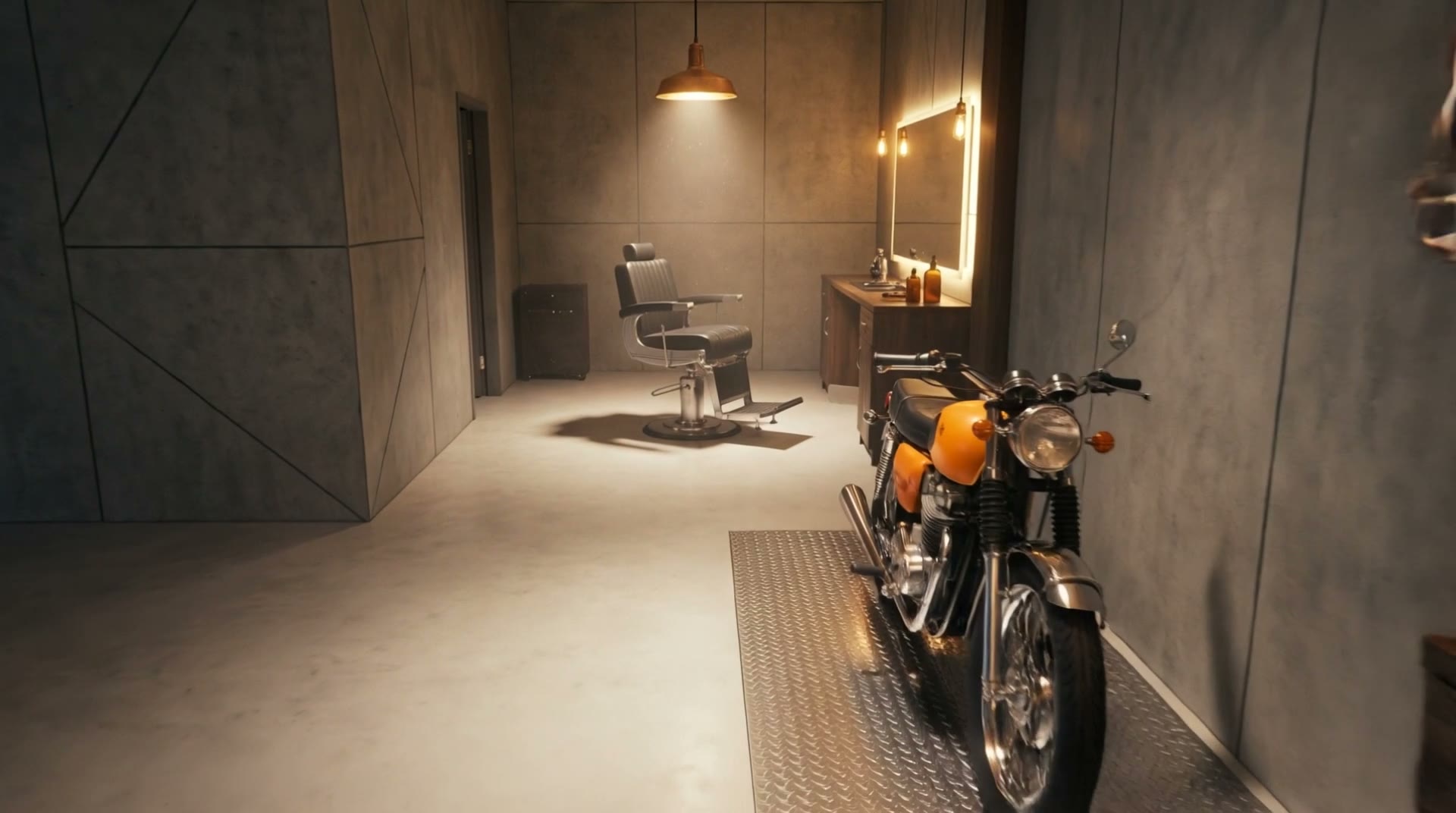 Fotel barberski i motocykl, wizualizacja wnętrza