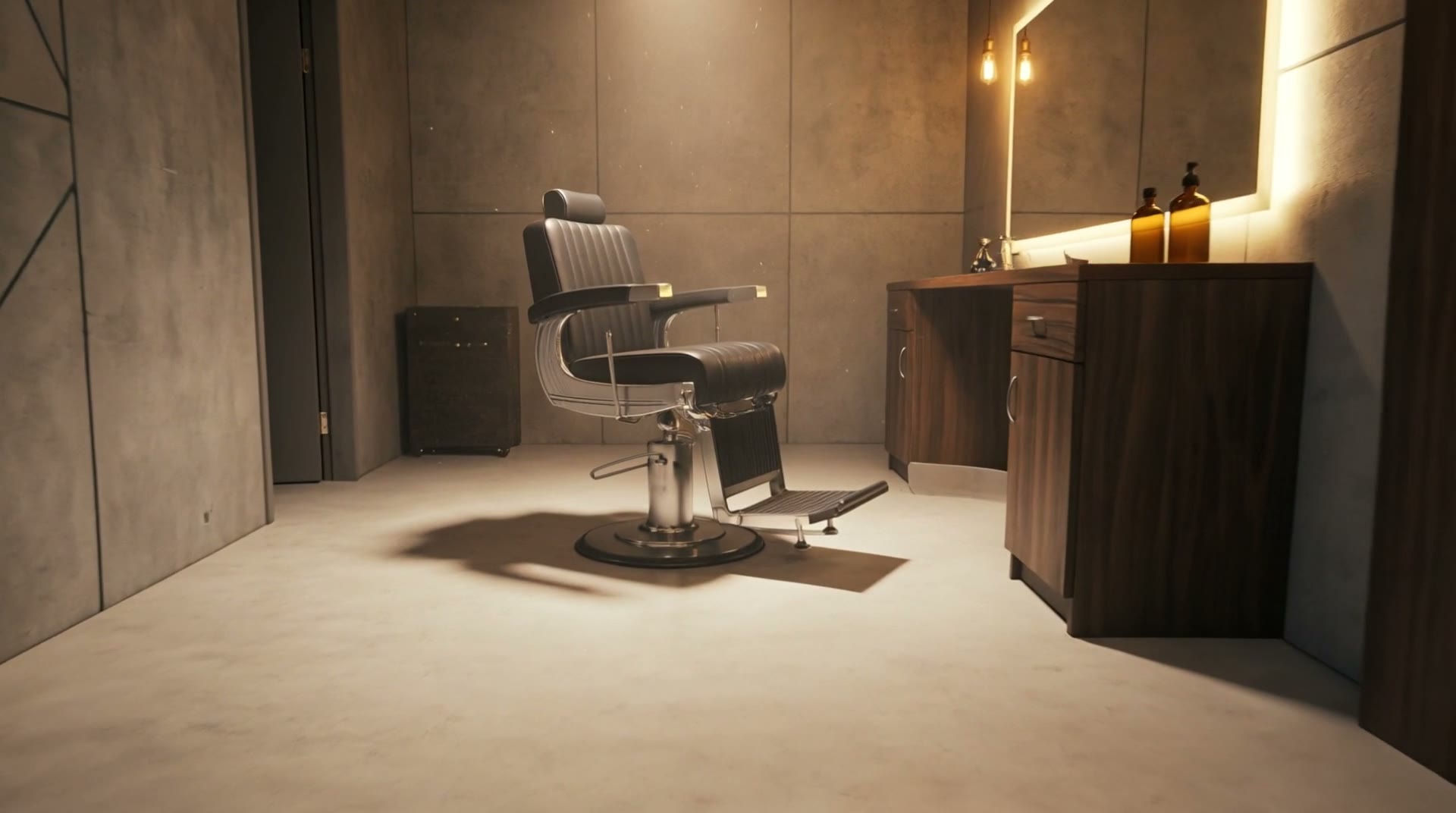 Wnętrze barber shopu z fotelem, wizualizacja